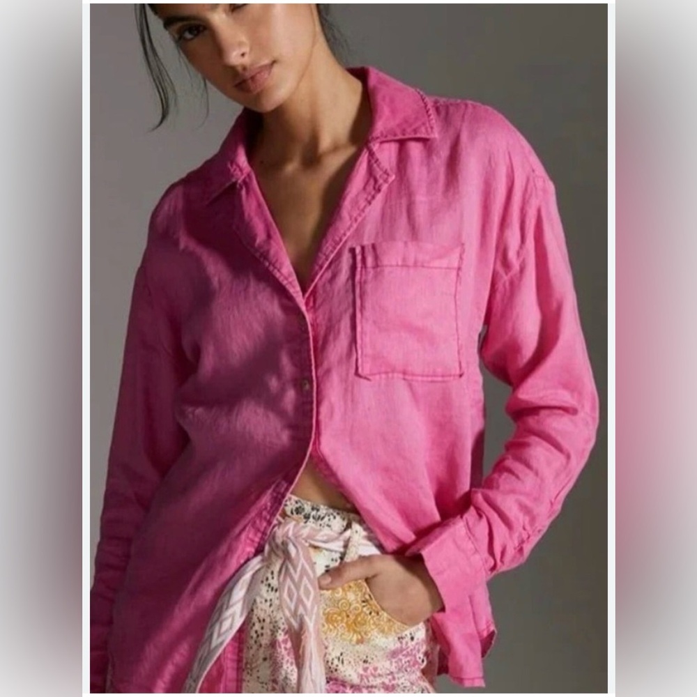 Maeve‎ Anthropologie 100% linen oversized pink XS button down blouse